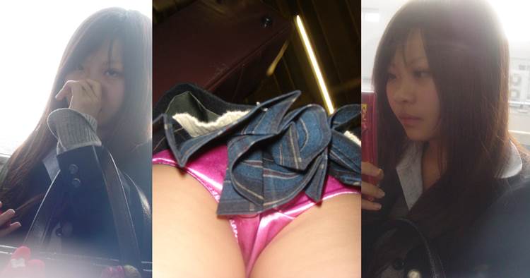 少しの明かりでテカテカに輝くツルツルパンツを履いたJKを逆さ撮り